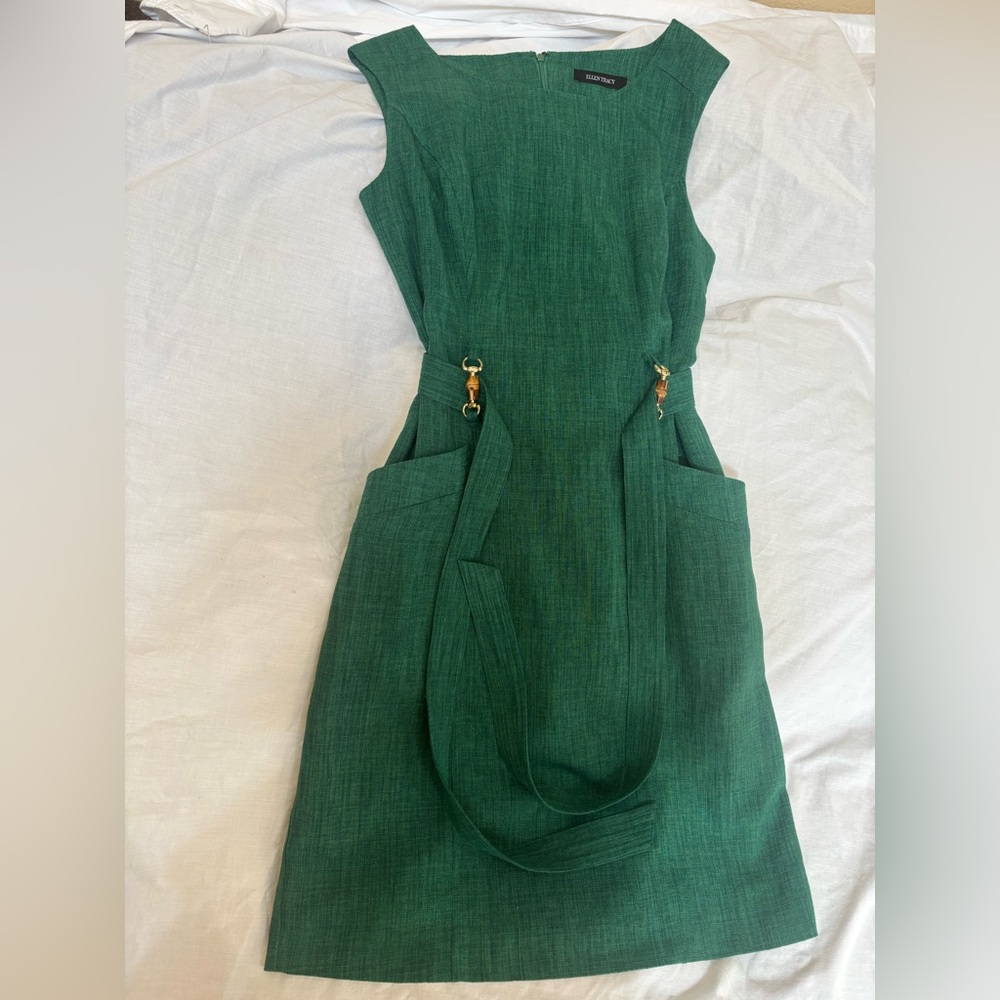 Ellen Tracy Elegant Green Sleeveless Belted Dress Size 10 - Picture 11 of 16